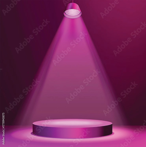 The dark stage backdrop is brightly illuminated by a purple and pink spotlight