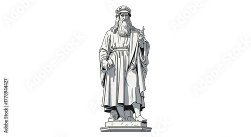 Vintage black and white engraving of Leonardo da Vinci statue.