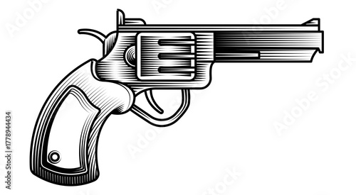 classic revolver handgun monochrome vector illustration detailed vintage woodcut engraving style western cowboy frontier security and vintage weaponry