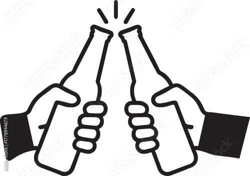 Celebratory outline line art hands clinking beer bottles cheers vector