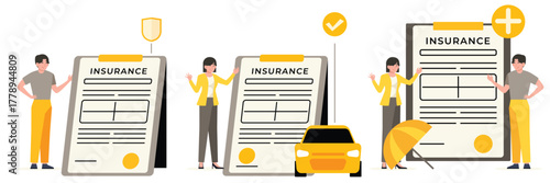 Flat Illustration Insurance agents and clients signing policy contract with car and health protection symbols.