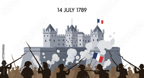 Storming of the Bastille on July 14 1789 French Revolution historical event illustration.