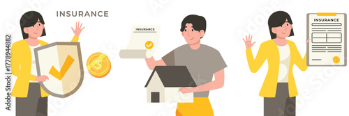 Flat Illustration Agents discussing insurance plan with house and health coverage icons. Property protection concept.