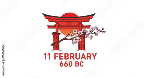 Japanese National Foundation Day Torii Gate Cherry Blossoms and Sun.