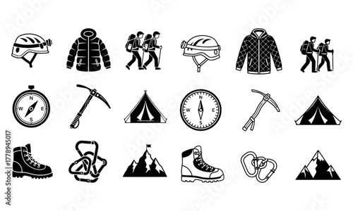 Outdoor adventure gear and mountain exploration icons set. hiking, climbing, camping equipment