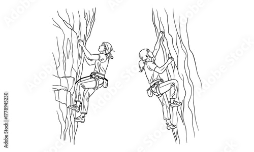 Line art illustration of two women rock climbing, demonstrating strength and adventure sport