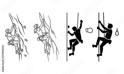 Dynamic vector set of individuals engaged in rock climbing, bouldering, and rappelling.