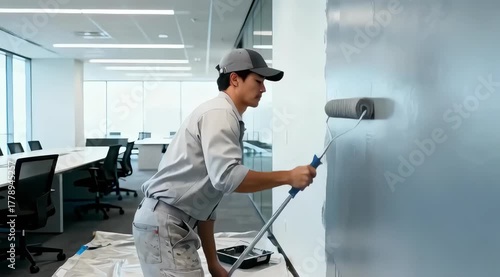 Professional male painter in gray uniform skillfully applies fresh paint to an office wall with a roller, showcasing the painting process, camera follows with a smooth dolly movement