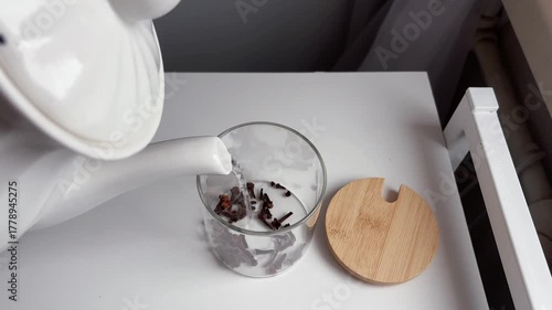 Cloves. Making clove infusion. Boiling water is poured into a glass jar standing on table. Preparation natural medicine for the treatment of various diseases and hair loss.