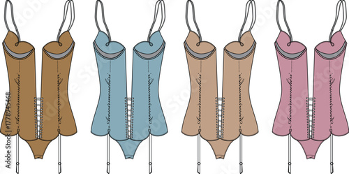 Four different colored corsets with garter straps, presented as fashion illustration