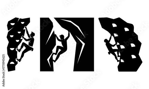 Rock climbing and bouldering athletes scaling walls in black silhouette vector icons set