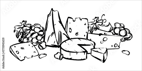 A vector composition of various cheeses and grapes. Swiss cheese with holes, soft Camembert, Parmesan, Brie, Gouda, and Cheddar. A wine pairing. It mimics a quick ink and brush drawing.