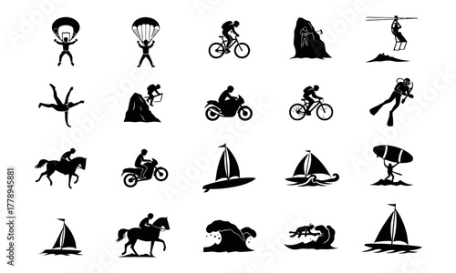 Extreme sports and outdoor adventure activities vector icon set, featuring various active pursuits