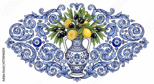 Mediterranean Blue & White Baroque Ornament: Vase with Olives, Lemons, and Evil Eye
