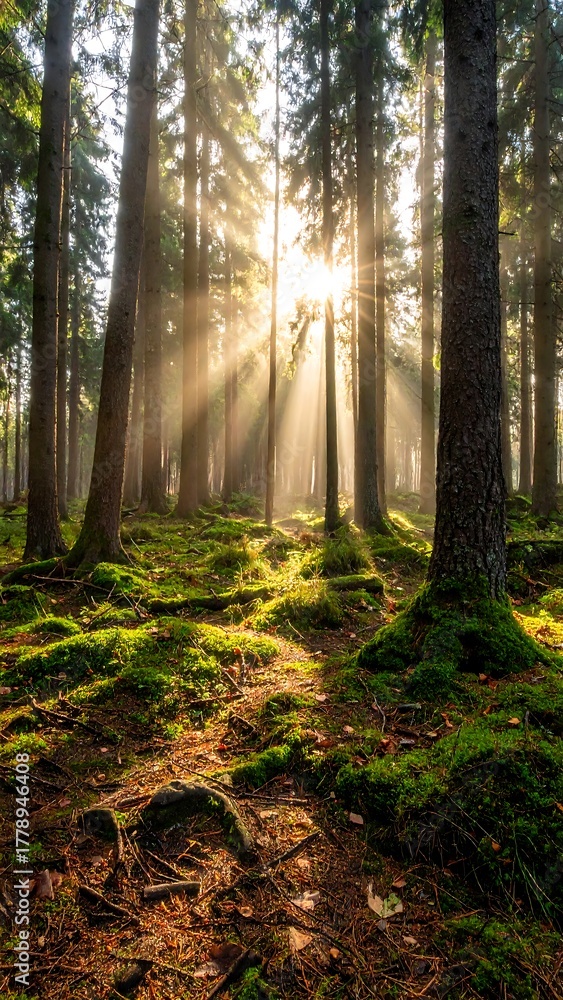 Obraz premium Sunbeams pierce a misty forest floor