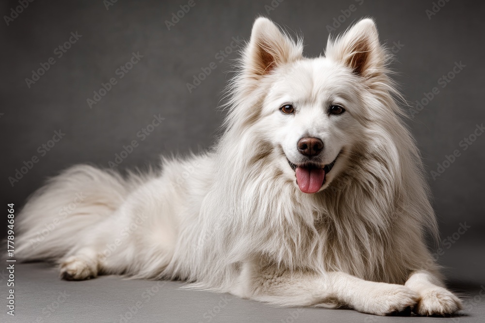 Fototapeta premium american eskimo dog in front of blank studio backdrop