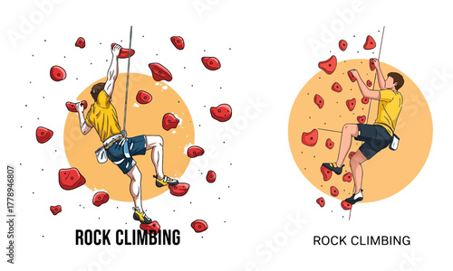 Man actively engaged in indoor rock climbing, scaling a vertical wall with brightly colored holds.