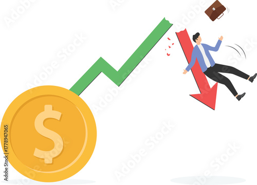 economic bubble crisis cause investors to be in debt or bankrupt concept. Businessman holding falling red estate graph arrow.
