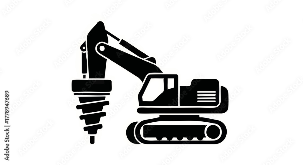 Obraz premium Drilling rig excavator icon. Heavy construction machinery with auger attachment. Black silhouette vector illustration