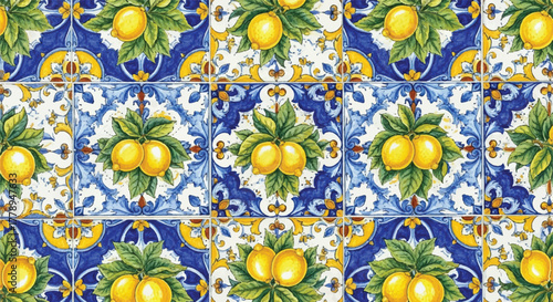Seamless Sicilian Majolica Tile Pattern with Lemons and Baroque Ornament