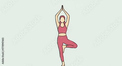 Vector illustration of a woman in a yoga tree pose. Minimalist flat design of a female character performing the Vrksasana asana. Fitness and balance concept graphic