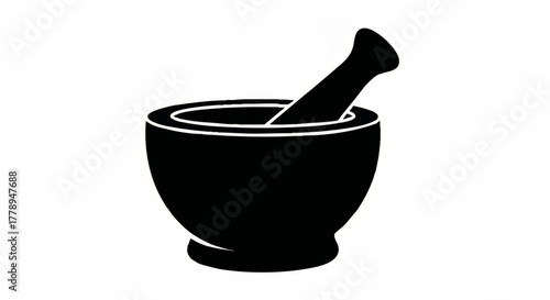 Mortar and pestle silhouette icon. Pharmacy and medicine symbol for grinding herbs and spices. Minimalist flat vector graphic