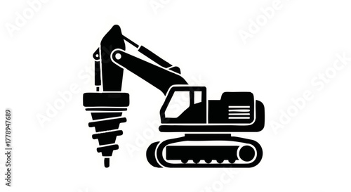 Drilling rig excavator icon. Heavy construction machinery with auger attachment. Black silhouette vector illustration