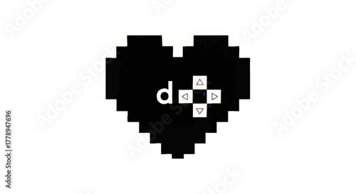 Pixel heart gaming icon with a d-pad. Retro 8-bit video game logo concept. Minimalist black and white vector illustration