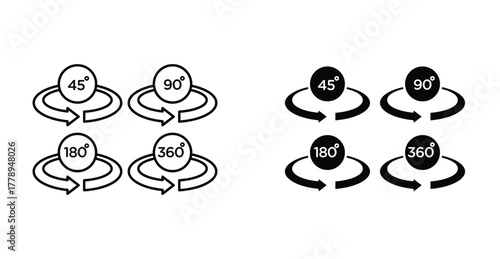 angle rotation icon 45 90 180 360 degree symbol in black and white