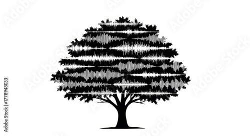Tree silhouette composed of audio sound waves. Abstract black and white vector illustration. Conceptual logo design for music, nature, and technology