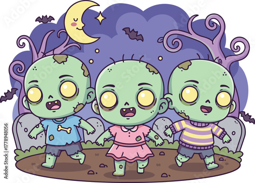 cute zombies walking halloween night cartoon clip art preview