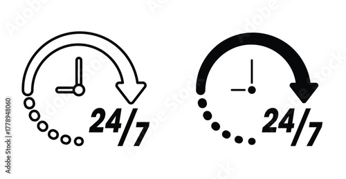 any time icon 24 7 service clock symbol in black and white