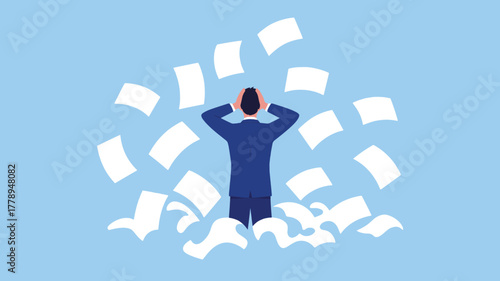 Frustrated businessman overwhelmed by paperwork and deadlines in the office