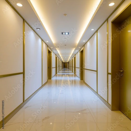 Wallpaper Mural Long hotel hallway with doors and tile floor design Torontodigital.ca