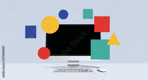 A desktop computer with abstract geometric shapes for graphic design concepts. Modern flat vector illustration with a blank screen for copy space