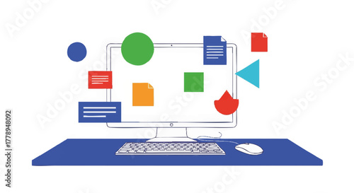 A hand-drawn illustration of a desktop computer with floating icons. Digital workflow and data management concept. Flat design vector graphic