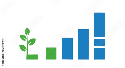 Green growth concept vector illustration. A bar chart starting with a plant symbolizes sustainable development and financial success. Flat design graphic