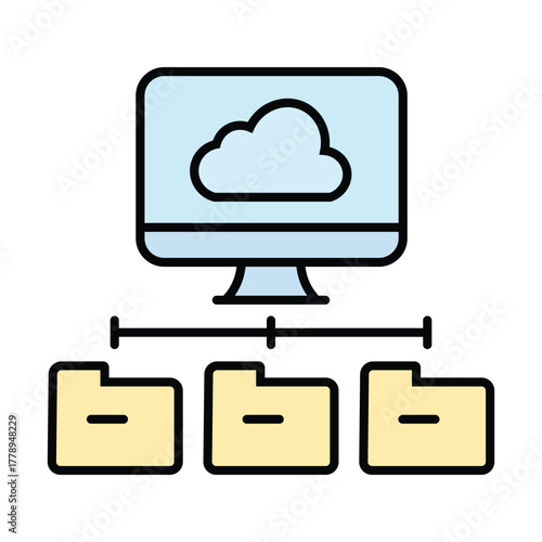 Light blue cloud inside a monitor above three folder icons on white background
