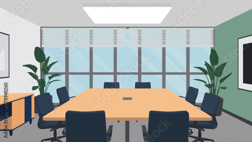 A modern conference room with a large table, chairs, plants, and window view