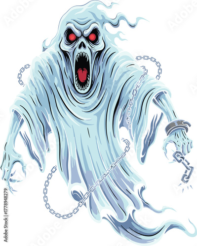 A Vector Illustration of a Scary, Screaming Ghost or Spectre with Red Eyes and Chains