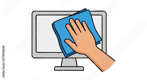 Hand wiping a computer monitor with a cloth. Cartoon vector illustration for cleaning and maintenance. Tech support and hygiene icon