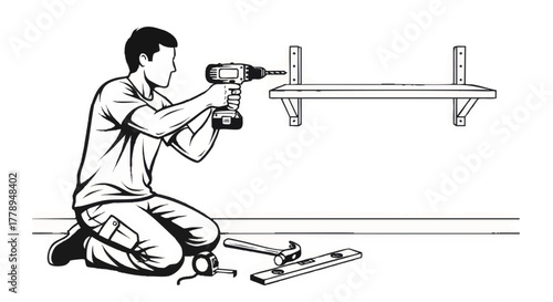 Man installing a shelf with a power drill. Home improvement and DIY concept. Black and white line art vector illustration