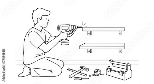 A man installing shelves with a power drill. DIY home improvement and carpentry concept. Minimalist line art vector illustration