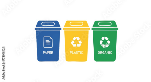 Recycling bin icon set for waste segregation. Paper, plastic, and organic sorting symbols. Flat design vector illustration for environmental concepts