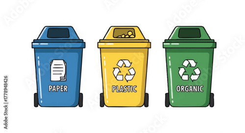 Color-coded recycling bins for waste segregation. Paper, plastic, and organic trash containers. Cartoon vector illustration isolated on white background