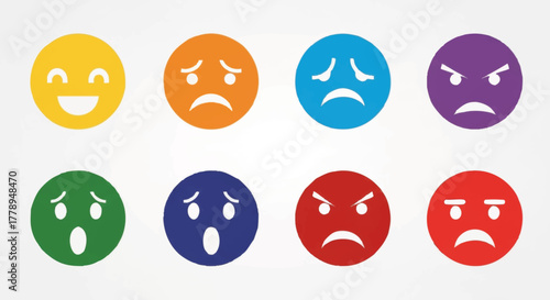 A set of colorful emoticon icons showing a range of emotions. Flat design vector illustration of happy, sad, and angry faces for user feedback