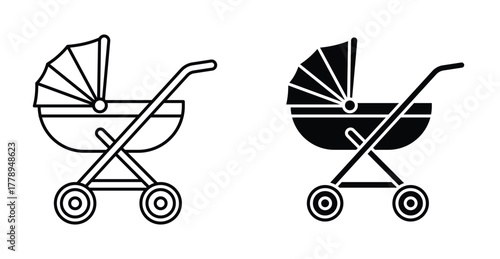 Baby carriage icon. Line with editable stroke and flat for Web