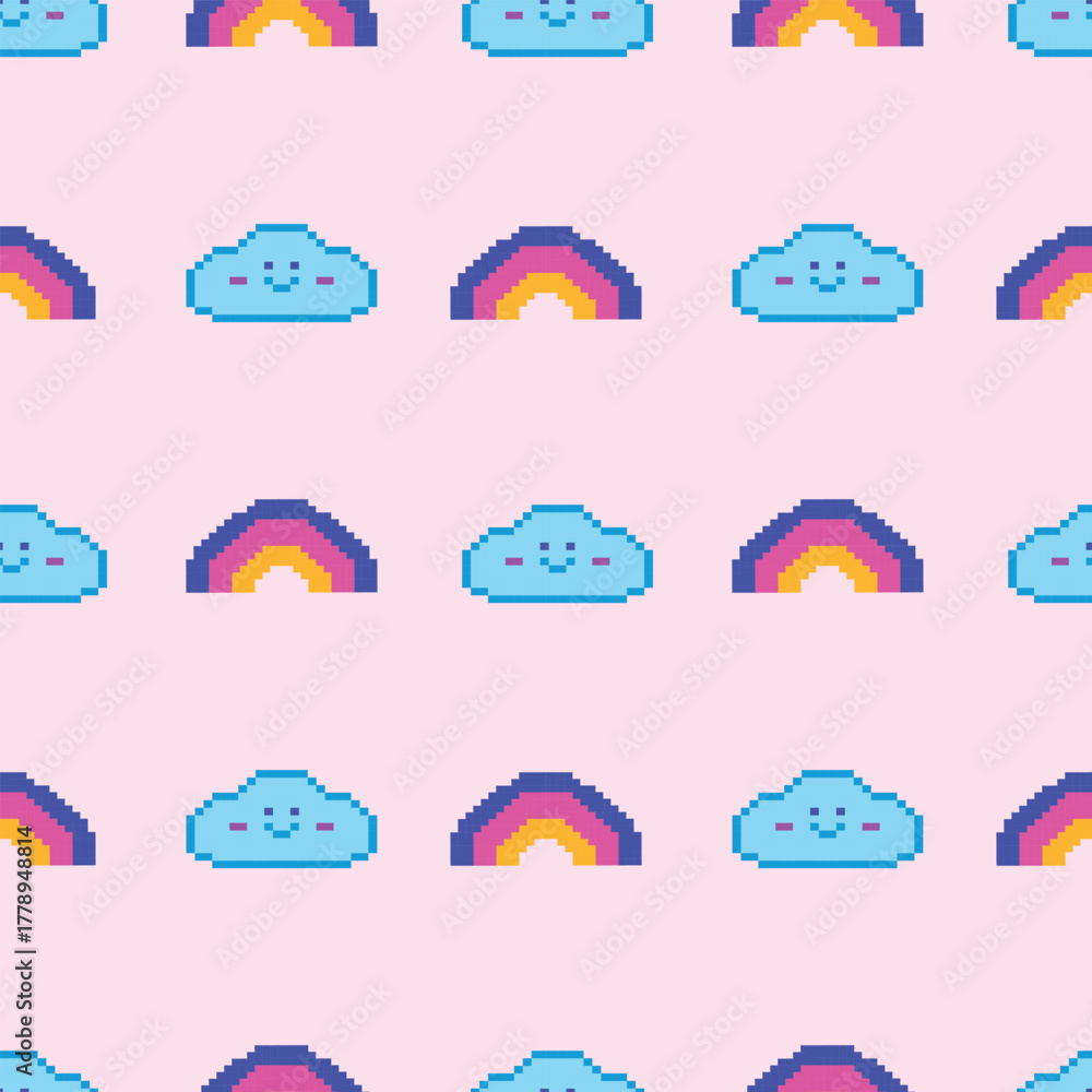 Obraz premium Cute Pixel Clouds and Rainbows Vector Illustration Pattern. Perfect for playful designs and whimsical backgrounds.