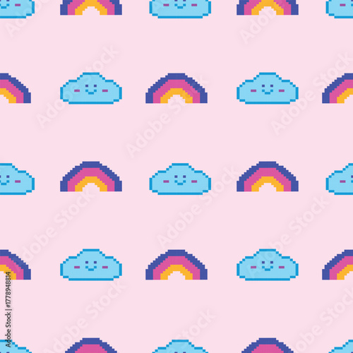 Cute Pixel Clouds and Rainbows Vector Illustration Pattern. Perfect for playful designs and whimsical backgrounds.