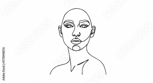One line drawing of a woman's face. Minimalist continuous line art portrait. Abstract vector illustration of a bald woman for beauty and fashion